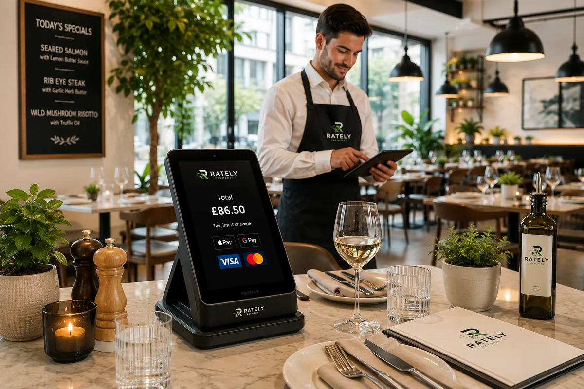 Waiter handing a portable card machine to a diner in an upscale restaurant