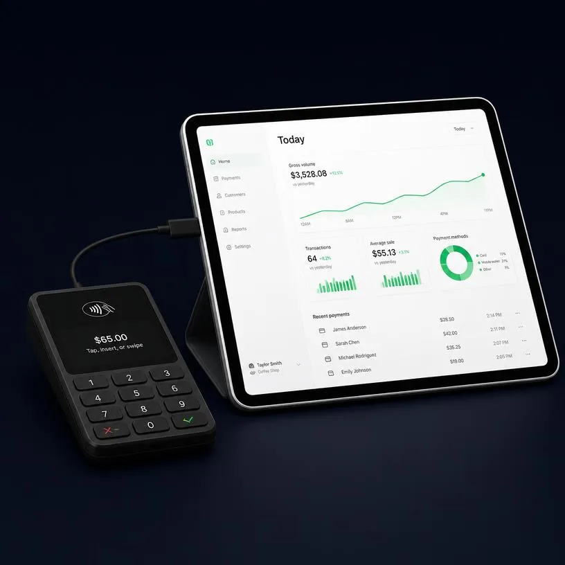 Integrated Solutions — premium payment device on dark navy background