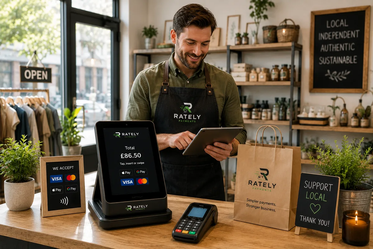 Independent UK shopkeeper accepting a card payment at the counter