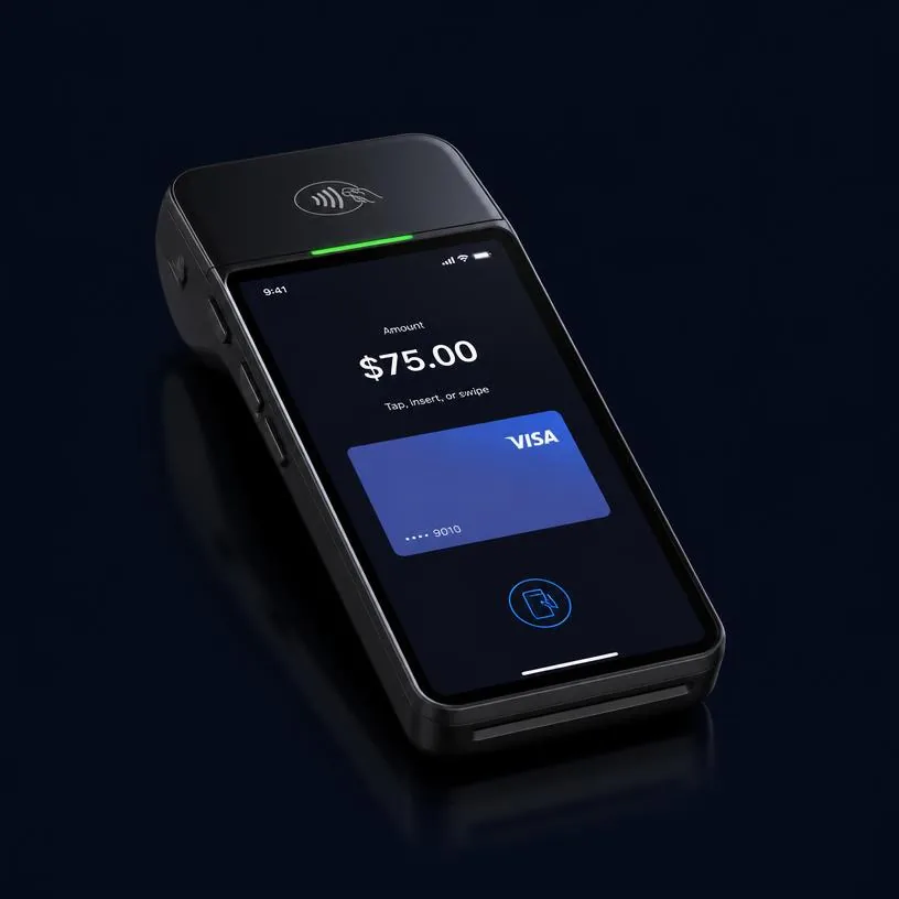 Portable Terminals — premium payment device on dark navy background