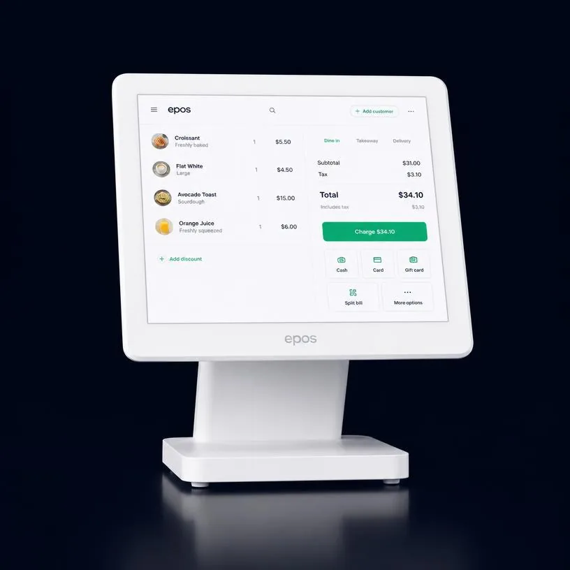 EPOS Systems — premium payment device on dark navy background