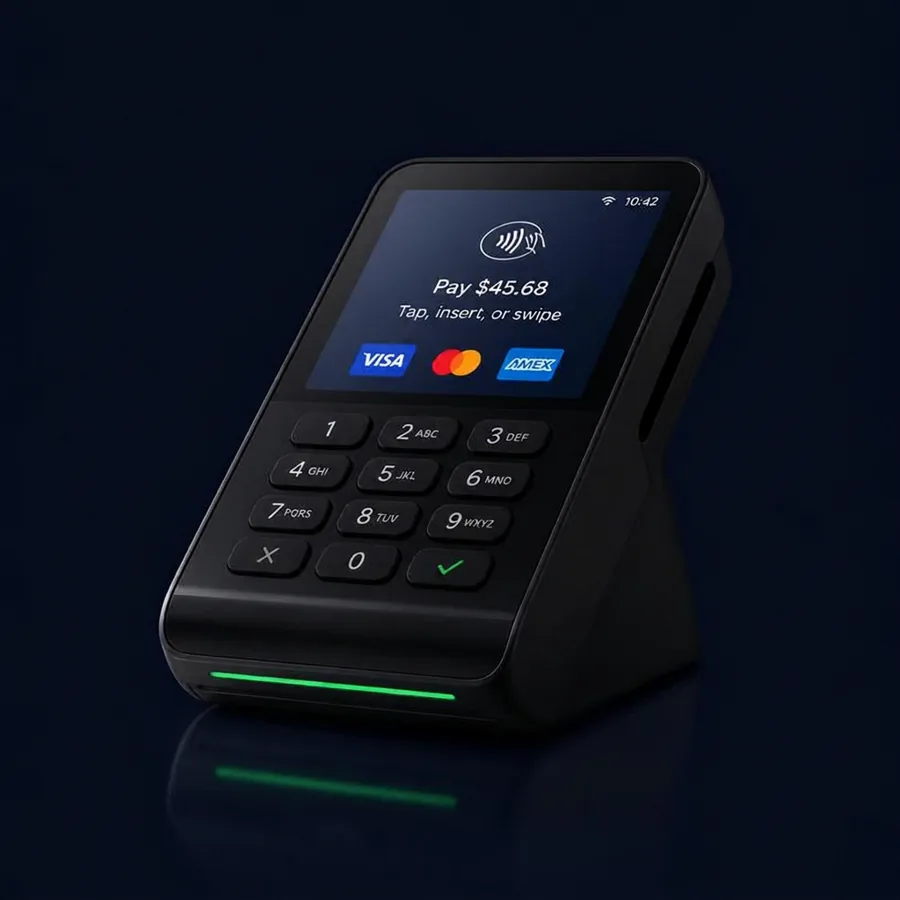 Countertop Terminals — premium payment device on dark navy background