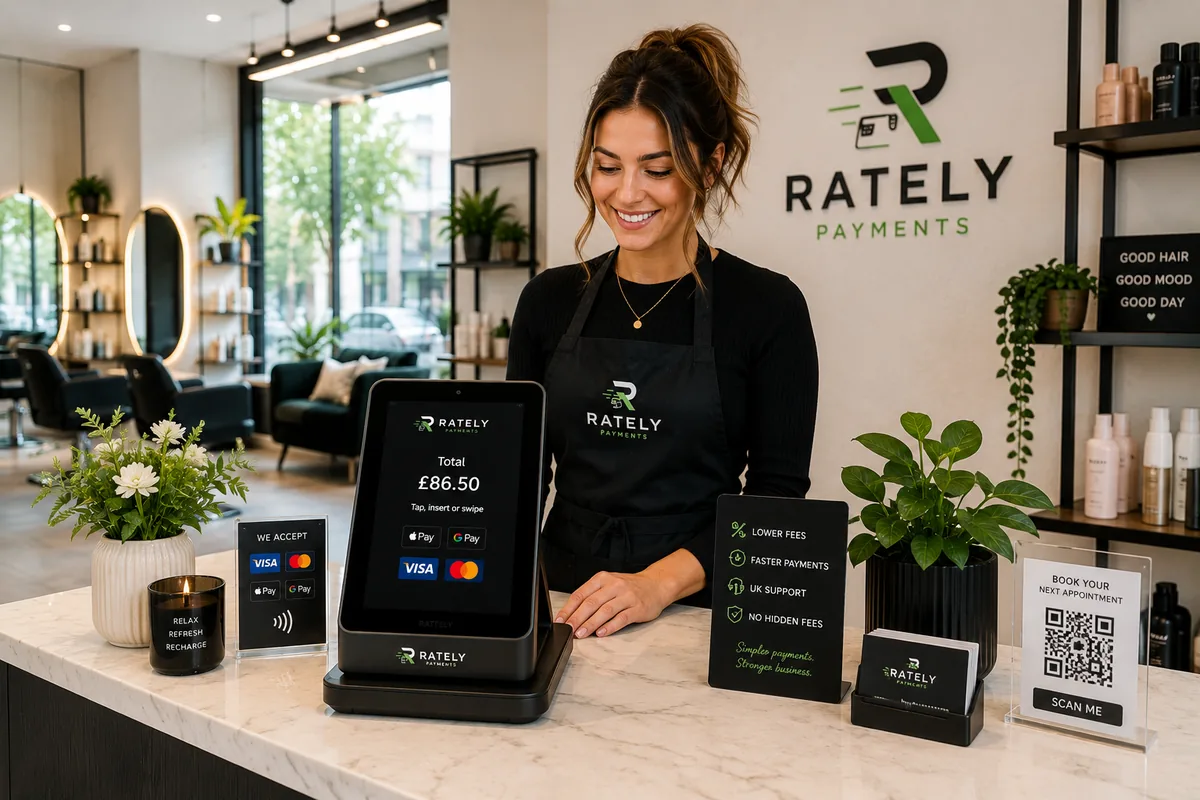 Stylist taking a contactless card payment inside a hair and beauty salon